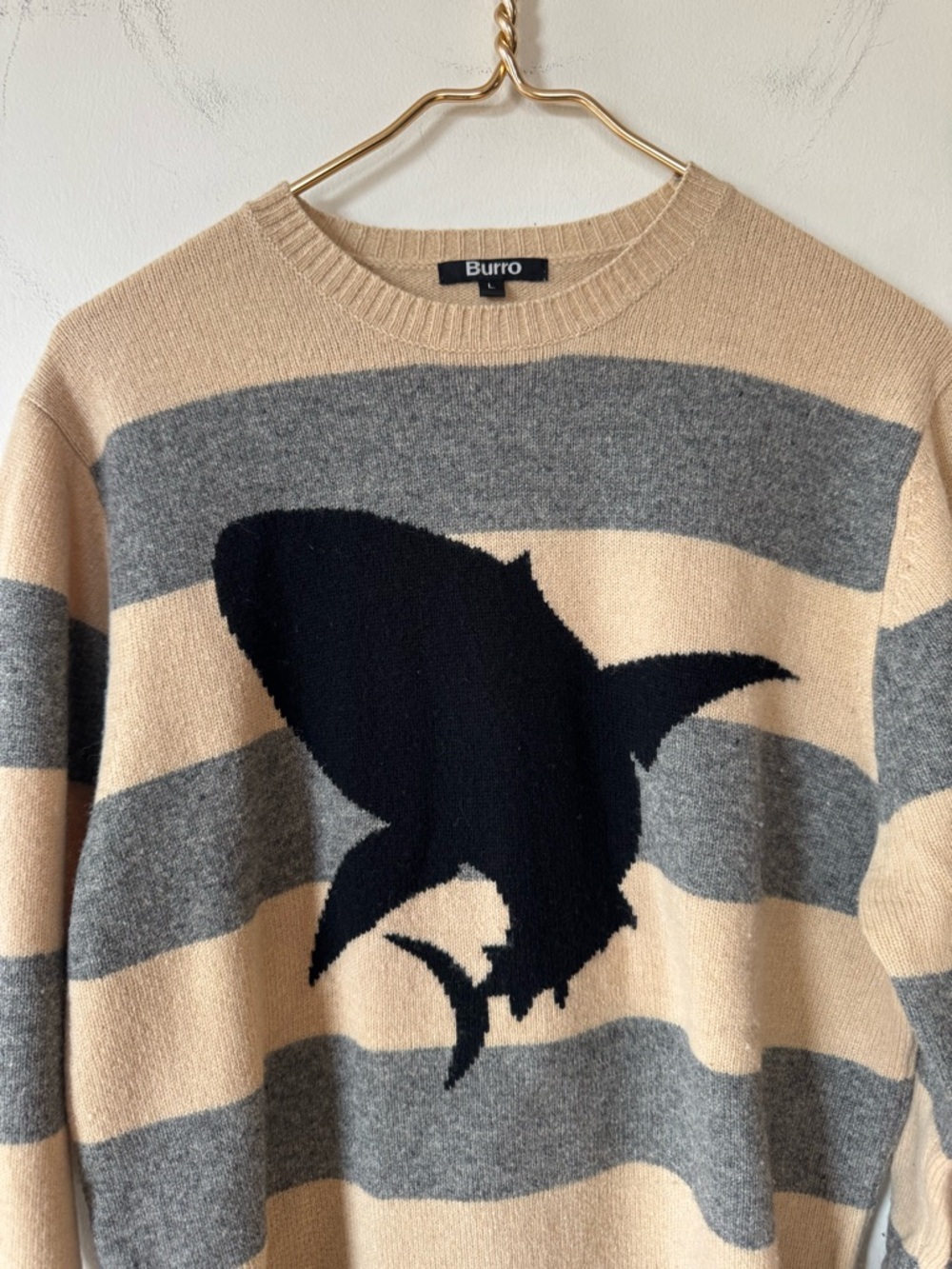 Burro London Camel and Gray Striped Lambswool Shark Crewneck Sweater L - Picture 3 of 7